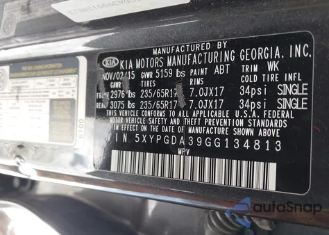 2016 Kia Sorento 2.4L Lx z USA, uszkodzony, nr VIN 5XYPGDA39GG134813